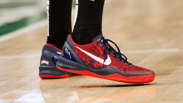 Miami Heat forward P.J. Tucker wears the Nike Kobe 8 sneakers against the Milwaukee Bucks on March 2, 2022. Nike is rumored to be releasing the Kobe 8 Protro in Spring 2023.